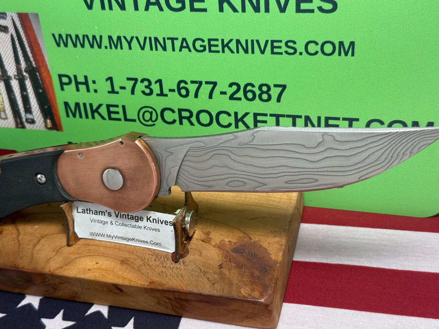 DALTON, ROB CUSTOM AUTOMATIC KNIFE 1998-2010 SIDE OPENING COPPER COMCAT DAMACUS STEEL TACTICAL AUTOMATIC KNIFE COPPER WITH BLACK FIBER HANDLES