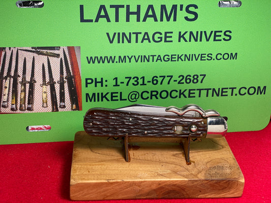 PRESTO GEO. SCHRADE BRIDGEPORT CONN. 1929-56 SWING LAZY "W" GUARDS VINTAGE AMERICAN AUTOMATIC KNIFE BROWN JIGGED BONE HANDLES