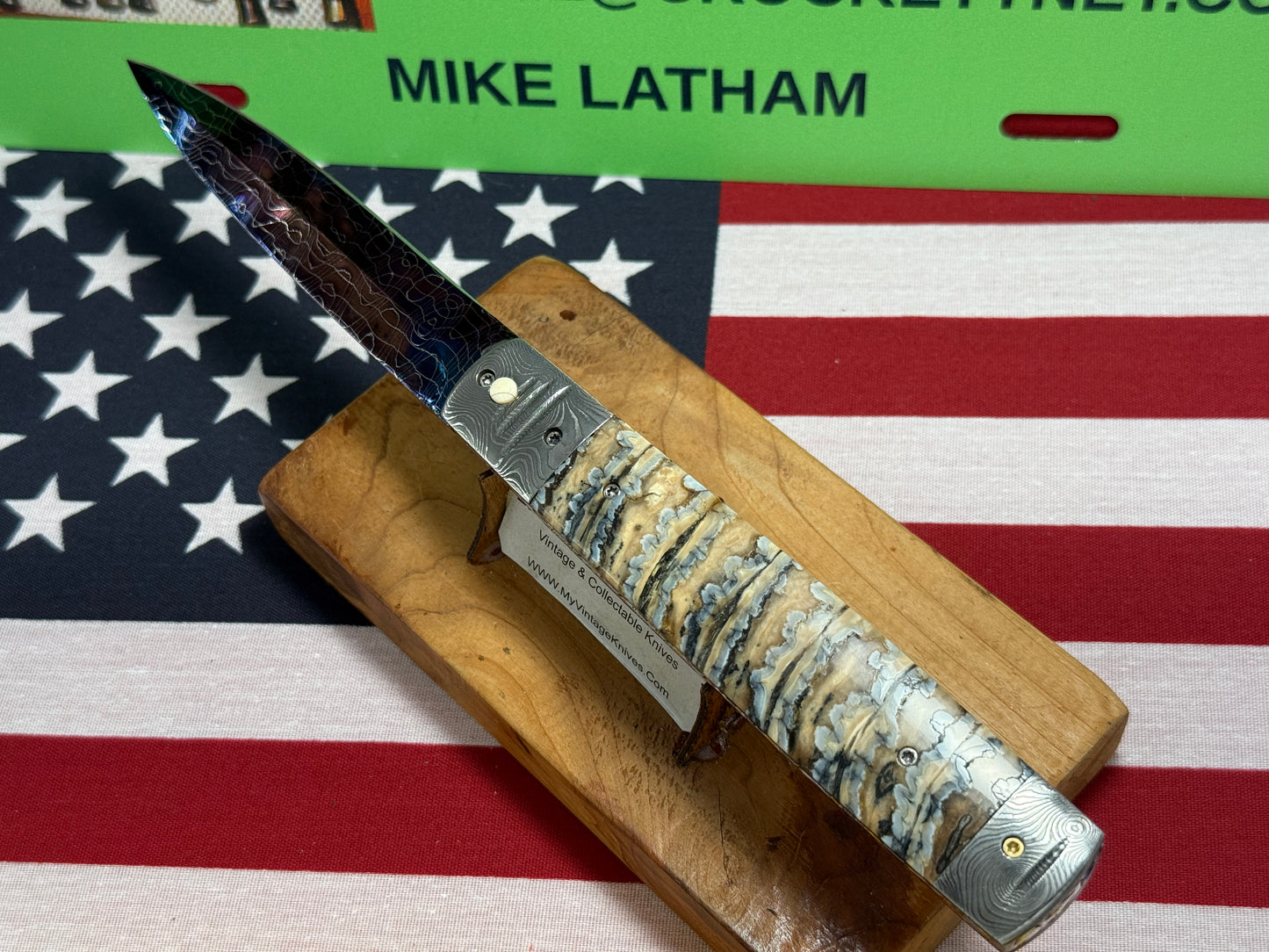 VALLOTTON, RAINY CUSTOM KNIVES 2005-2010 ERA D & D BLUE DAGGER BLADE JEWELS CUSTOM AUTOMATIC KNIFE MAMMOTH TOOTH HANDLES