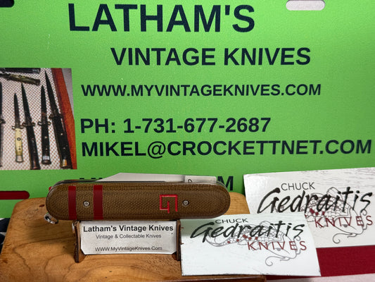 GEDRAITIS, CHUCK CUSTOM KNIVES 2025 SCALE RELEASE SWITCH ARMY LOVELESS INSPIRED BLADE GRIND CPM 154 CUSTOM AUTOMATIC KNIFE ODGREEN CANVAS MICARTA HANDLES