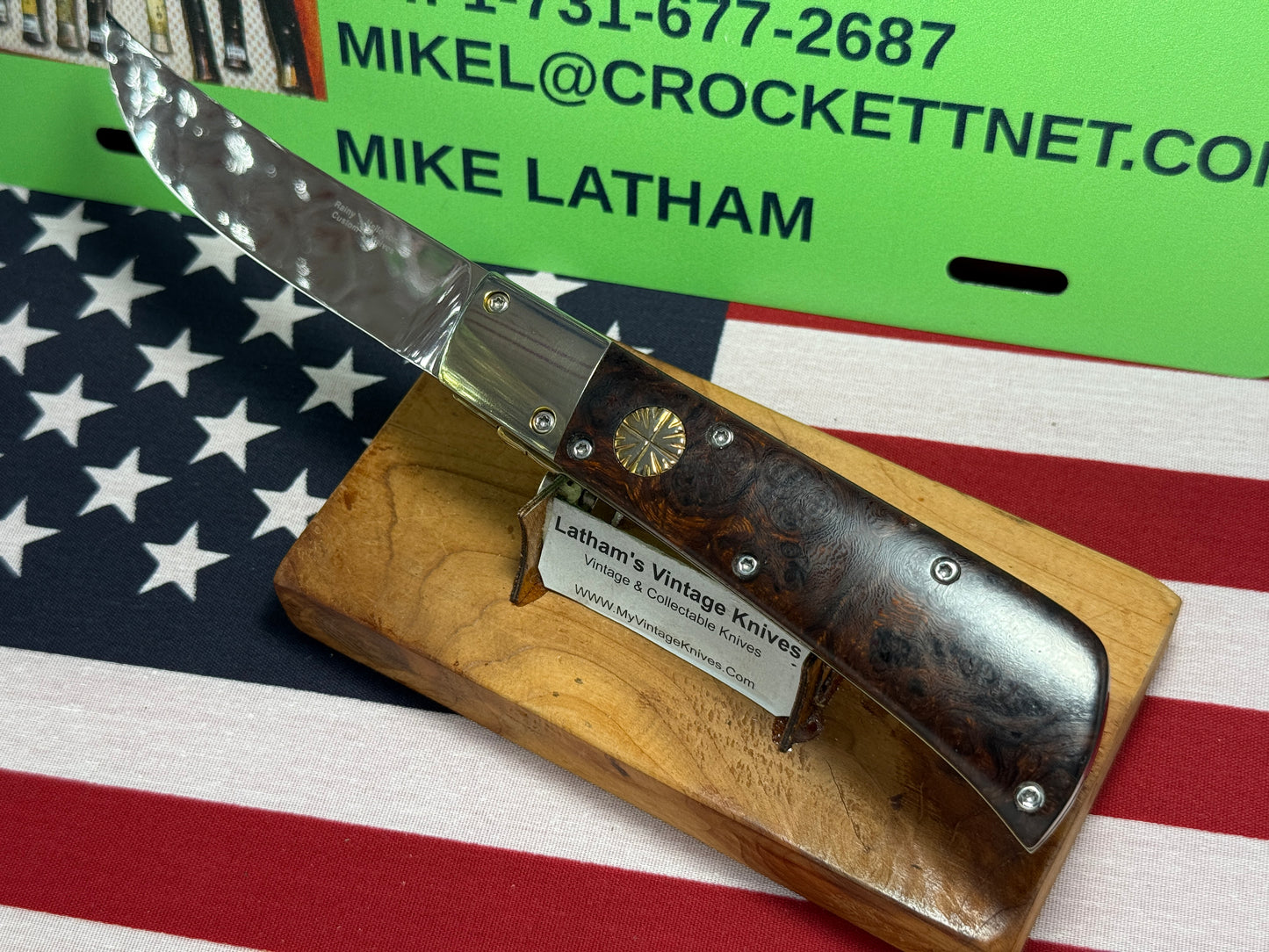 VALLOTTON, RAINY CUSTOM KNIVES 1993-1998 ERA PERSIAN ATS 34 CUSTOM AUTOMATIC KNIFE IRON WOOD HANDLES