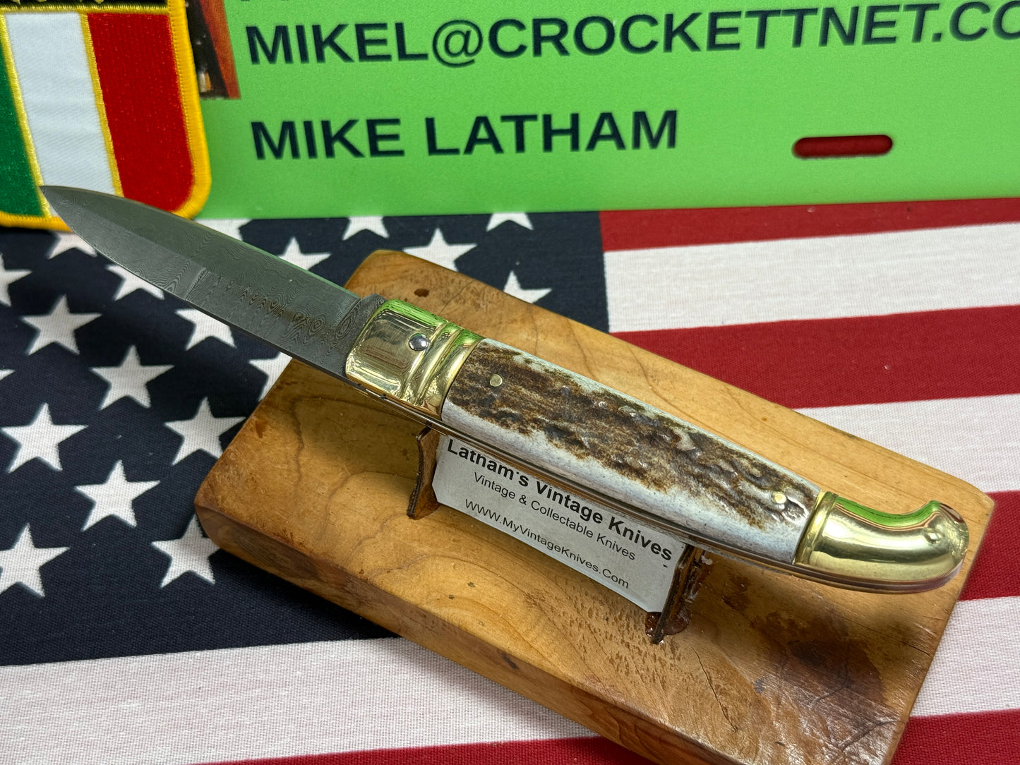 AB ITALY 2005-2010 LEVER AUTOMATIC "BIRD'S HEAD" DAMACUS STEEL ITALIAN AUTOMATIC KNIFE STAG HANDLES