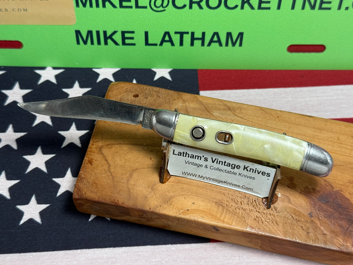 HAMMER BRAND USA IMPERIAL KNIFE CO. 1945-1955 UTILITY JACK 3 1/2" VINTAGE AMERICAN AUTOMATIC KNIFE CRACKED ICE COMPOSITION SHELL WRAP HANDLES