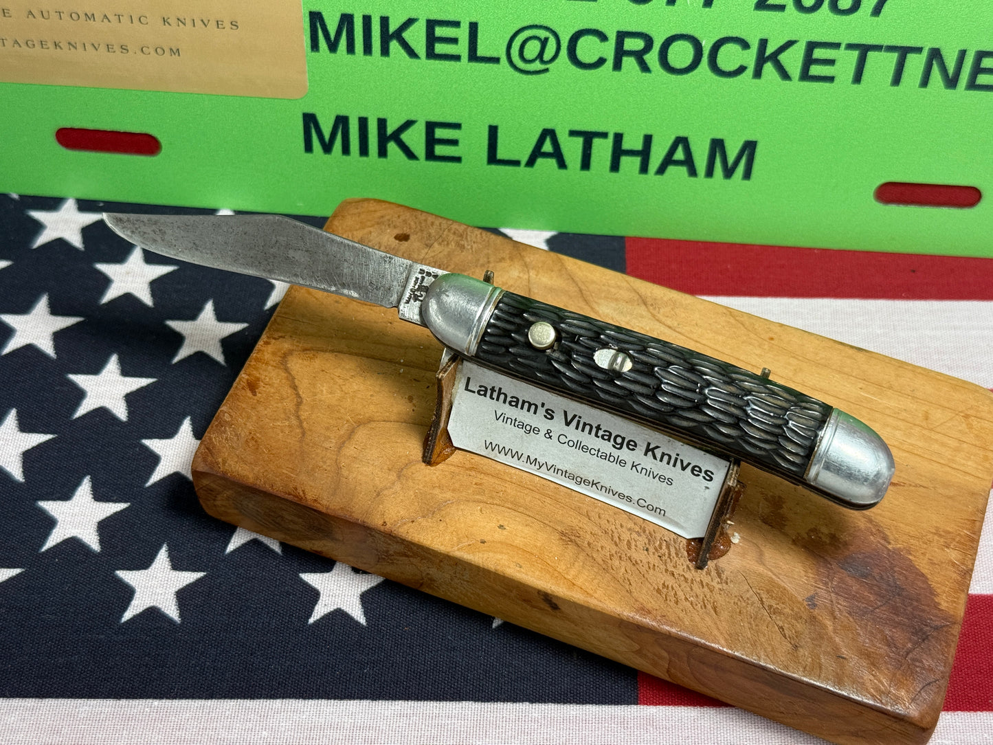 HAMMER BRAND USA IMPERIAL KNIFE CO. 1945-1955 UTILITY JACK 3 1/2" VINTAGE AMERICAN AUTOMATIC KNIFE BLACK JIGGED COMPOSITION SHELL WRAP HANDLES