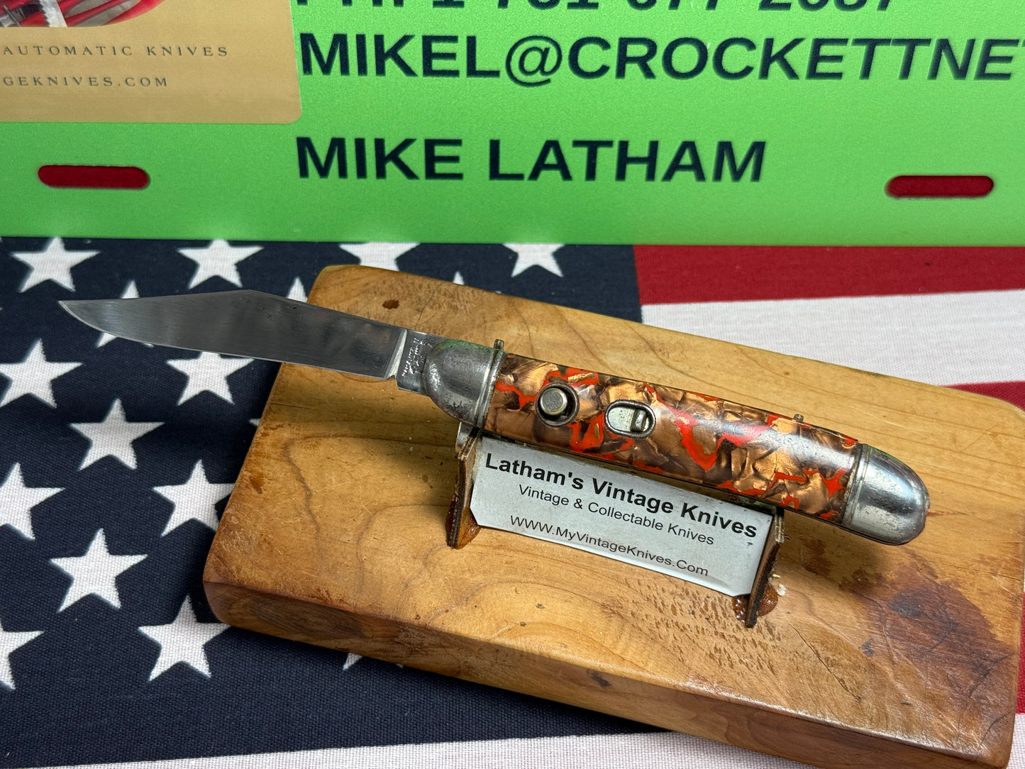 HAMMER BRAND USA IMPERIAL KNIFE CO. 1945-1955 UTILITY JACK 3 1/2" VINTAGE AMERICAN AUTOMATIC KNIFE COPPER/RED SWIRL COMPOSITION SHELL WRAP HANDLES