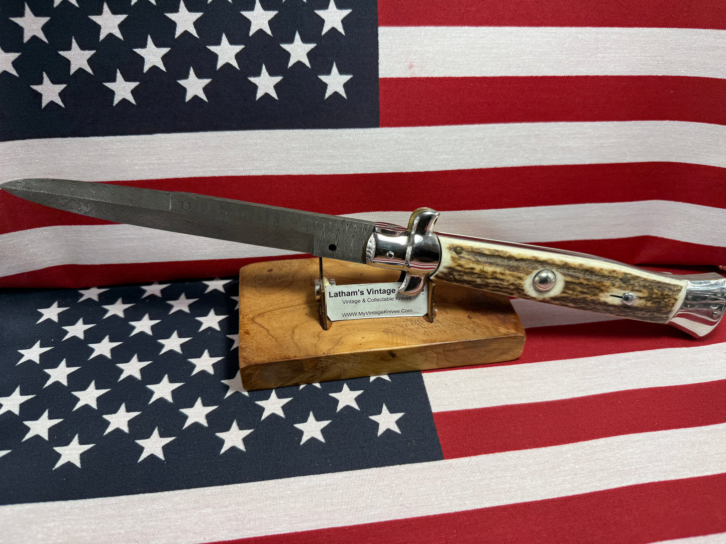 STERILE A.G.A. CAMPOLIN 2010 STILETTO SWIVEL BOLSTER DAMACUS STEEL 38 CM ITALIAN AUTOMATIC KNIFE STAG HANDLES