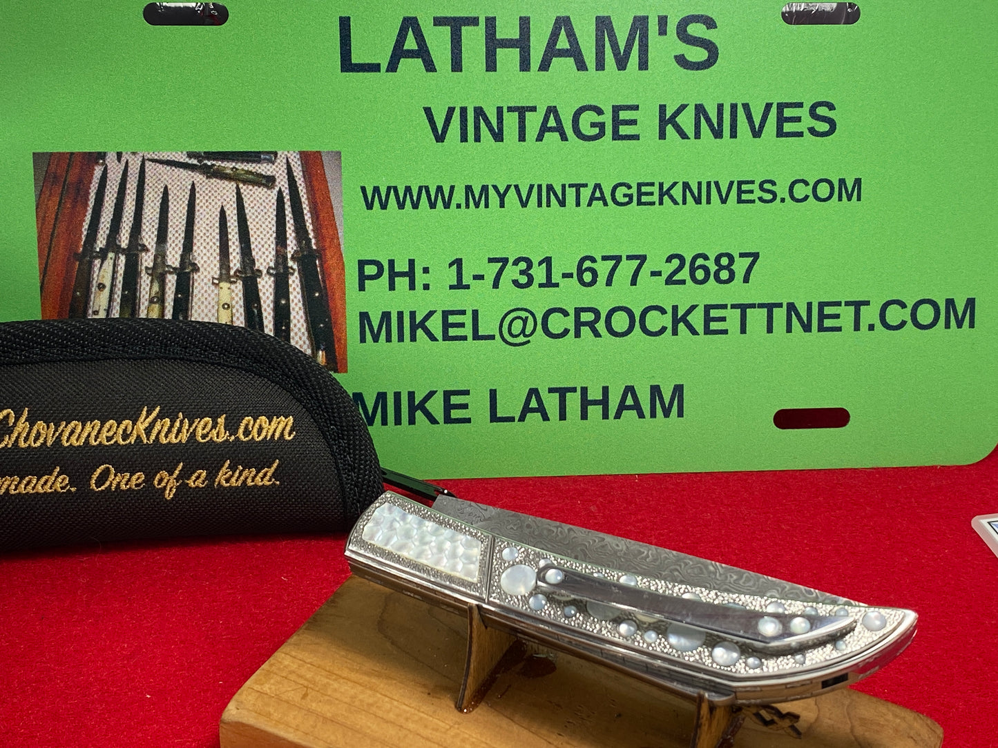 CHOVANEC, BRIAN KNIVES 2024 CUSTOM NAUTILUS DOUBLE ACTION DAMASCUS STEEL CUSTOM AUTOMATIC KNIFE STAINLESS STEEL INLAYED WITH MOTHER OF PEARL HANDLES