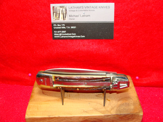 BONSA SOLINGEN GERMANY 1970-80 LEVER AUTOMATIC SPRINGER 11 CM GERMAN AUTOMATIC KNIFE STAG HANDLES
