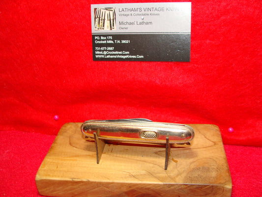 CHALLENGE CUTLERY CO. BRIDGEPORT CONN. 1918-23 FLY LOCK TWIN BLADE 3 3/8" VINTAGE AMERICAN AUTOMATIC KNIFE GOLD METAL HANDLES