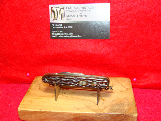 PRESTO GEO. SCHRADE CUT BRIDGEPORT CONN. 1929-56 TWIN BLADE DOUBLE BUTTON 3 3/8" VINTAGE AMERICAN AUTOMATIC KNIFE BROWN BONE HANDLES