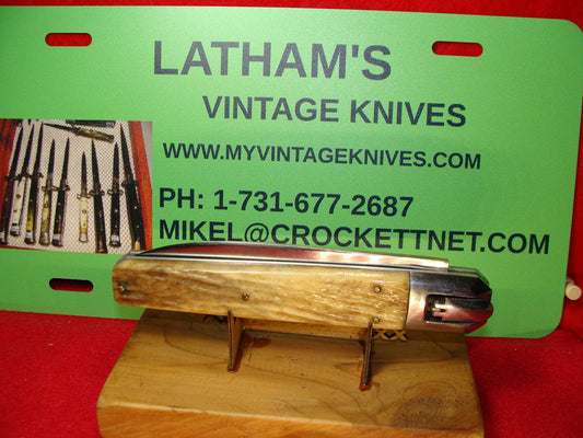 SIETIENNE FRENCH 1955-65 RECESSED LEVER AUTOMATIC COFFIN FRENCH AUTOMATIC KNIFE CAMEL BONE HANDLES