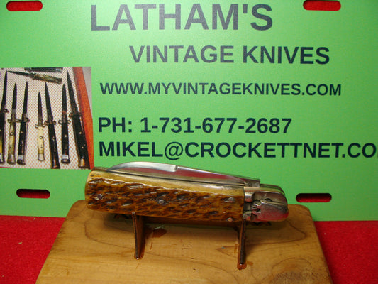 MAKI INOX FRENCH 1965-75 LEVER AUTOMATIC SPRINGER FRENCH AUTOMATIC KNIFE BROWN BONE HANDLES