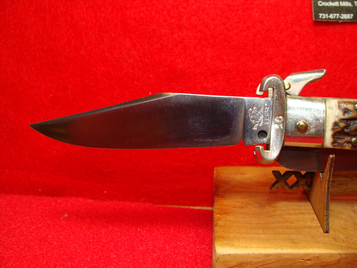 LEPRE ITALY 2015 HUNTER WITH SHELL PULLER AND SAW BLADE FULCRUM RELEASE ITALIAN AUTOMATIC KNIFE STAG HANDLES