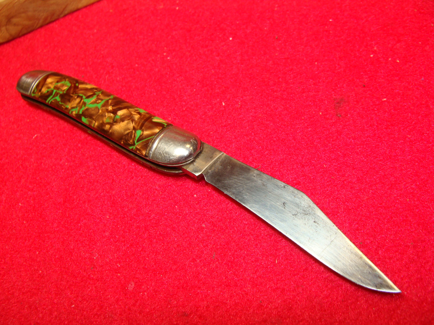 HAMMER BRAND PROV. RI. 1945-55 UTILITY JACK VINTAGE AMERICAN AUTOMATIC KNIFE 3 1/2" COPPER GREEN MIX SHELL WRAP HANDLES
