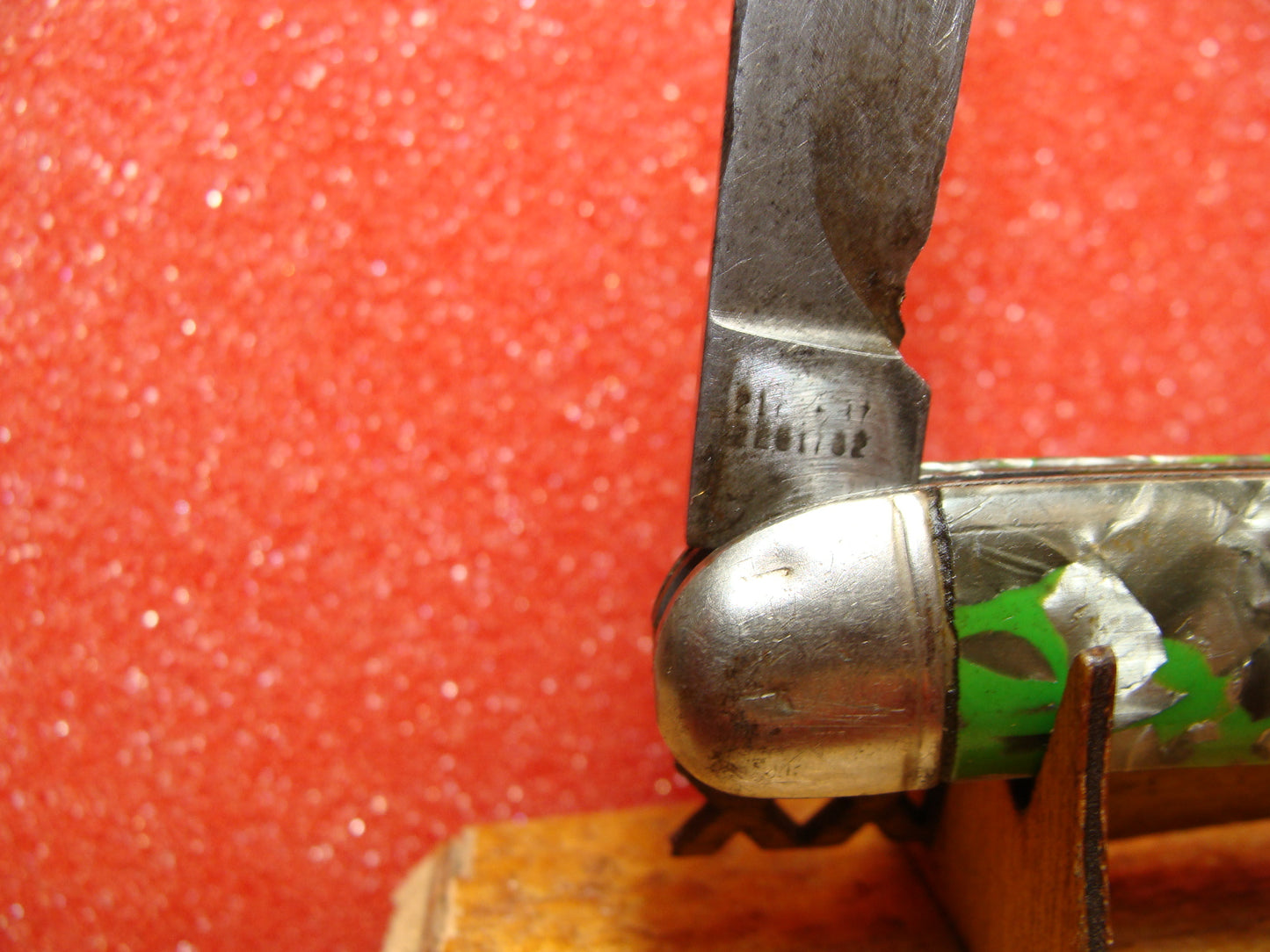 HAMMER BRAND IMPERIAL CUT 1945-55 VINTAGE AMERICAN AUTOMATIC KNIFE 3 1/2" UTILITY JACK SHELL WRAPPED GRAY & GREEN CELLULOID HANDLES