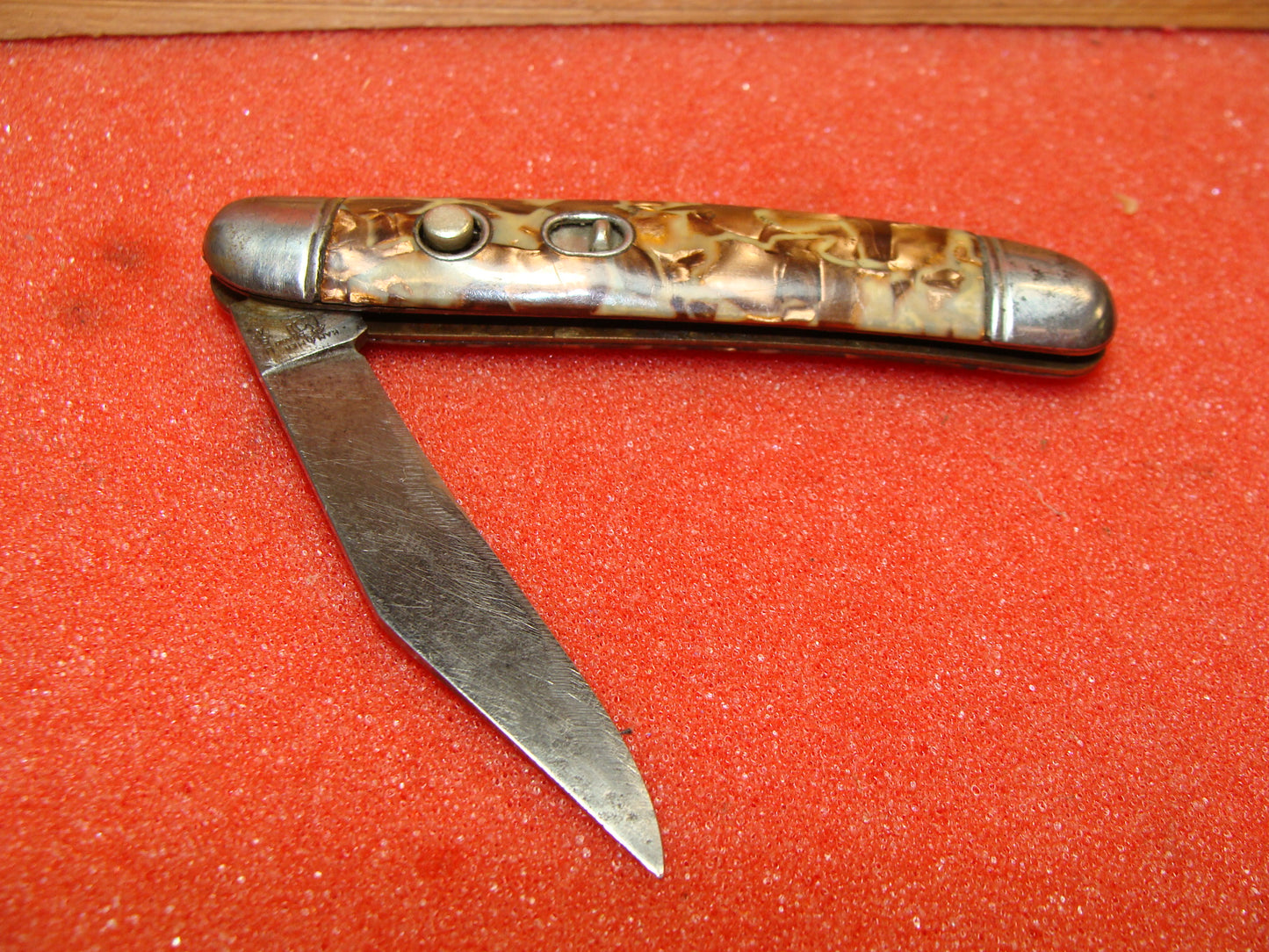 HAMMER BRAND IMPERIAL CUT 1945-55 VINTAGE AMERICAN AUTOMATIC KNIFE 3 1/2" UTILITY JACK SHELL WRAPPED COPPER FLAKE CELLULOID HANDLES