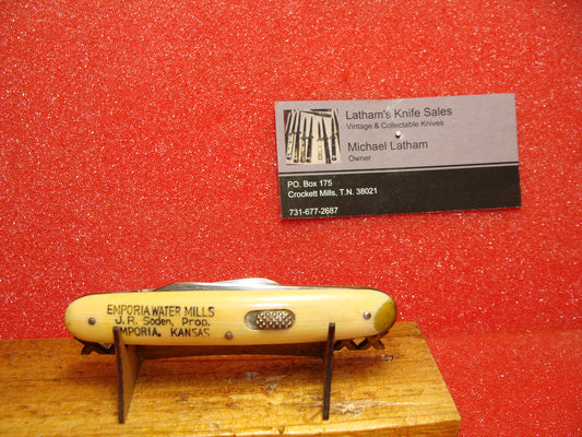 FLY LOCK KNIFE CO. BRIDGEPORT CONN. 1923-29 VINTAGE AMERICAN AUTOMATIC KNIFE 3 3/8 DOUBLE BUTTON CELLULOID IMITATION IVORY HANDLES--EMPORIA WATER MILLS J.R. SODEN , PROP. EMPORIA. KANSAS--HOME OF FIVE ROSES FLOUR.