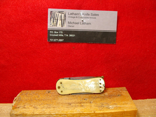 BREVETT 34749 ITALY 1950-58 PULL TAB ITALIAN AUTOMATIC KNIFE DOUBLE BLADE CRACKED ICE CELLULOID HANDLES, ETCHED: RICORDO VENEZIA