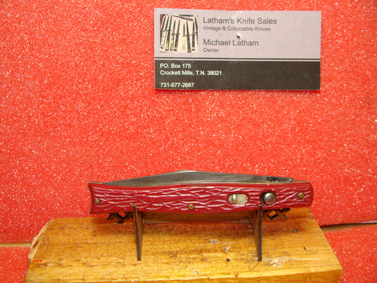 BONSA SOLINGEN GERMANY 1948-56 VINTAGE GERMAN AUTOMATIC KNIFE 4" FISH TAIL RED IMITATION BONE HANDLES