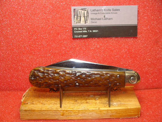 PRESS BUTTON KNIFE CO. WALDEN NY 1892-1923 VINTAGE AMERICAN AUTOMATIC KNIFE 4 7/8" INVINCIBLE BROWN JIGGED BONE HANDLES