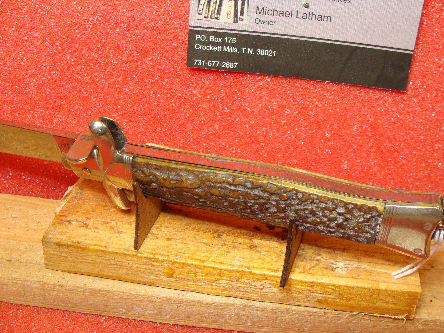 VOSS CUT CO. GERMANY 1920-35 LEVER AUTOMATIC LARGE FISH TAIL GERMAN AUTOMATIC KNIFE STAG HANDLES