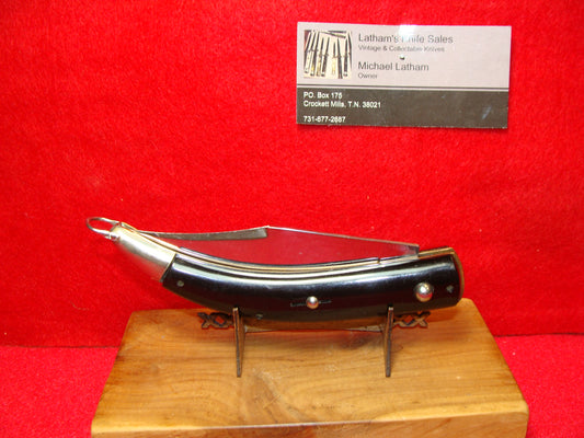 CATALINA STYLE INOX ITALY 1965-75 BUTTON OPEN/CLOSE ITALIAN AUTOMATIC KNIFE CURVED BLACK PLASTIC HANDLES