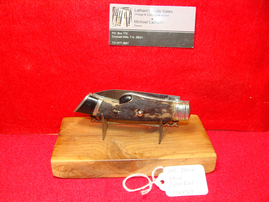 INOX PAT. SPAIN 1965-75 BUTTON OPEN/CLOSE DEER FOOT SPAIN AUTOMATIC KNIFE 4 3/8" DEER SKIN HANDLES