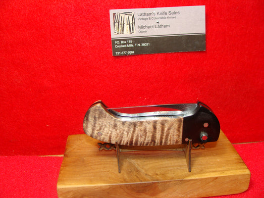 HUCK, JAMES 1992 BUTTON RELEASE CUSTOM AUTOMATIC KNIFE TIGER STRIPE WOOD HANDLES