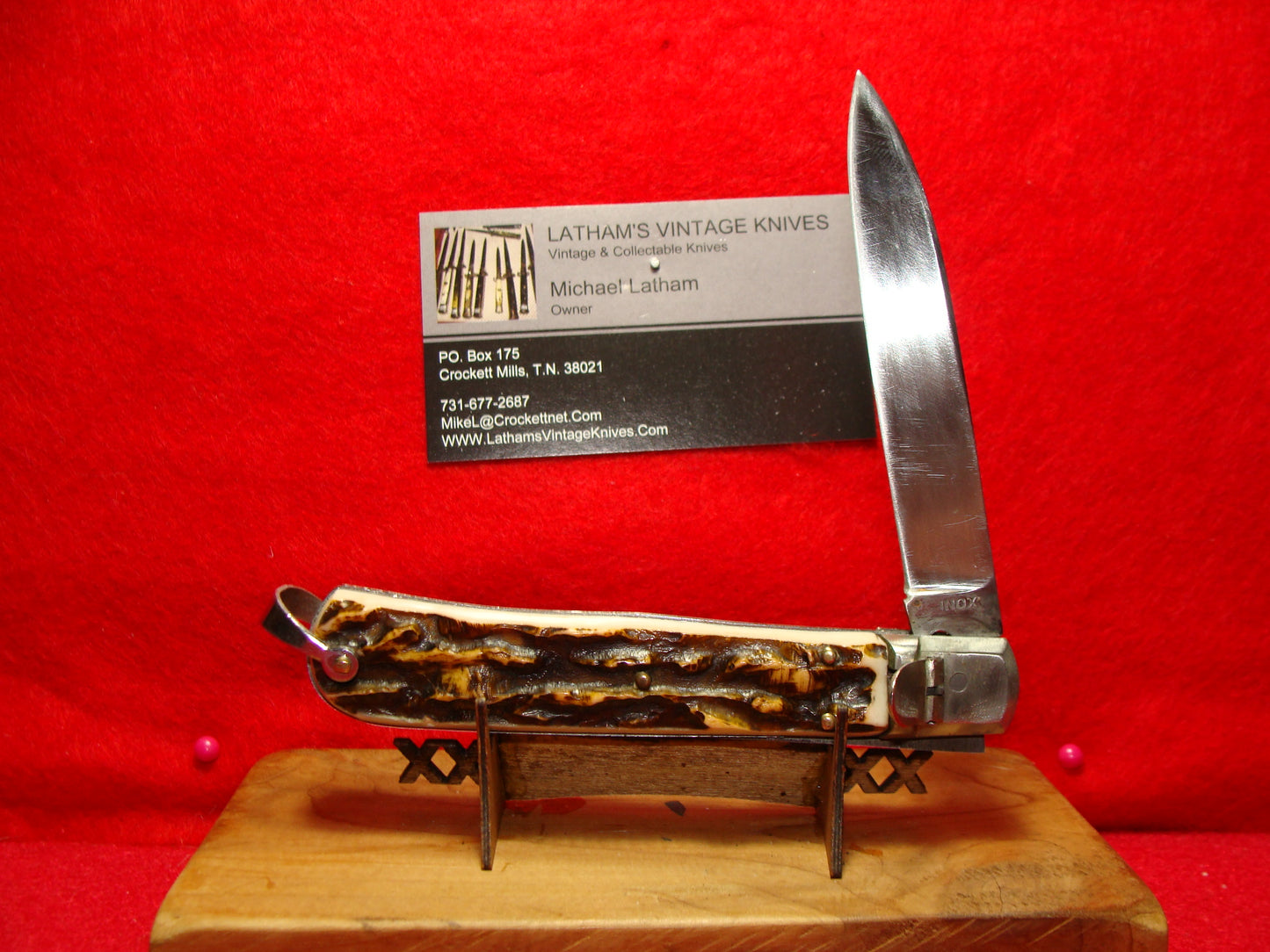 FRENCH INOX 1958-68 LEVER AUTOMATIC FRENCH AUTOMATIC KNIFE IMITATION STAG HANDLES