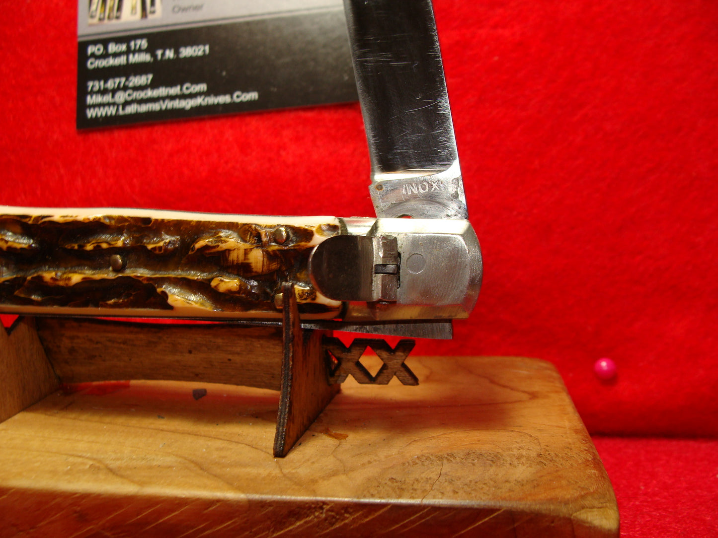 FRENCH INOX 1958-68 LEVER AUTOMATIC FRENCH AUTOMATIC KNIFE IMITATION STAG HANDLES
