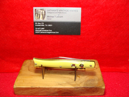 EDGEMASTER USA 1936-56 FISH TAIL SHADOW BOLSTERS 4" VINTAGE AMERICAN AUTOMATIC KNIFE YELLOW COMPOSITION HANDLES
