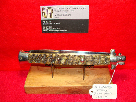 B SVOBODY ITALY 1950-56 PICK LOCK STILETTO 33 CM ITALIAN AUTOMATIC KNIFE RAMS HORN HANDLES