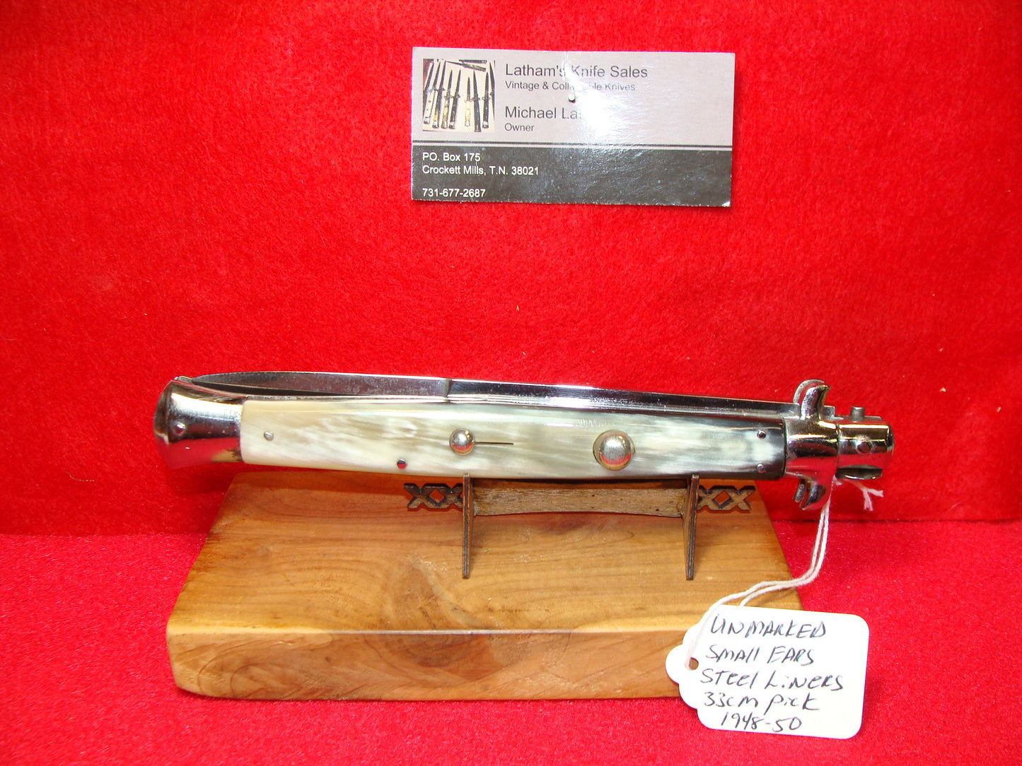 UNSTAMPED "STERILE" ITALY 1948-52 PICK LOCK SMALL EARS EARLY STEEL LINERS STILETTO 33 CM ITALIAN AUTOMATIC KNIFE BRAZILIAN HORN HANDLES