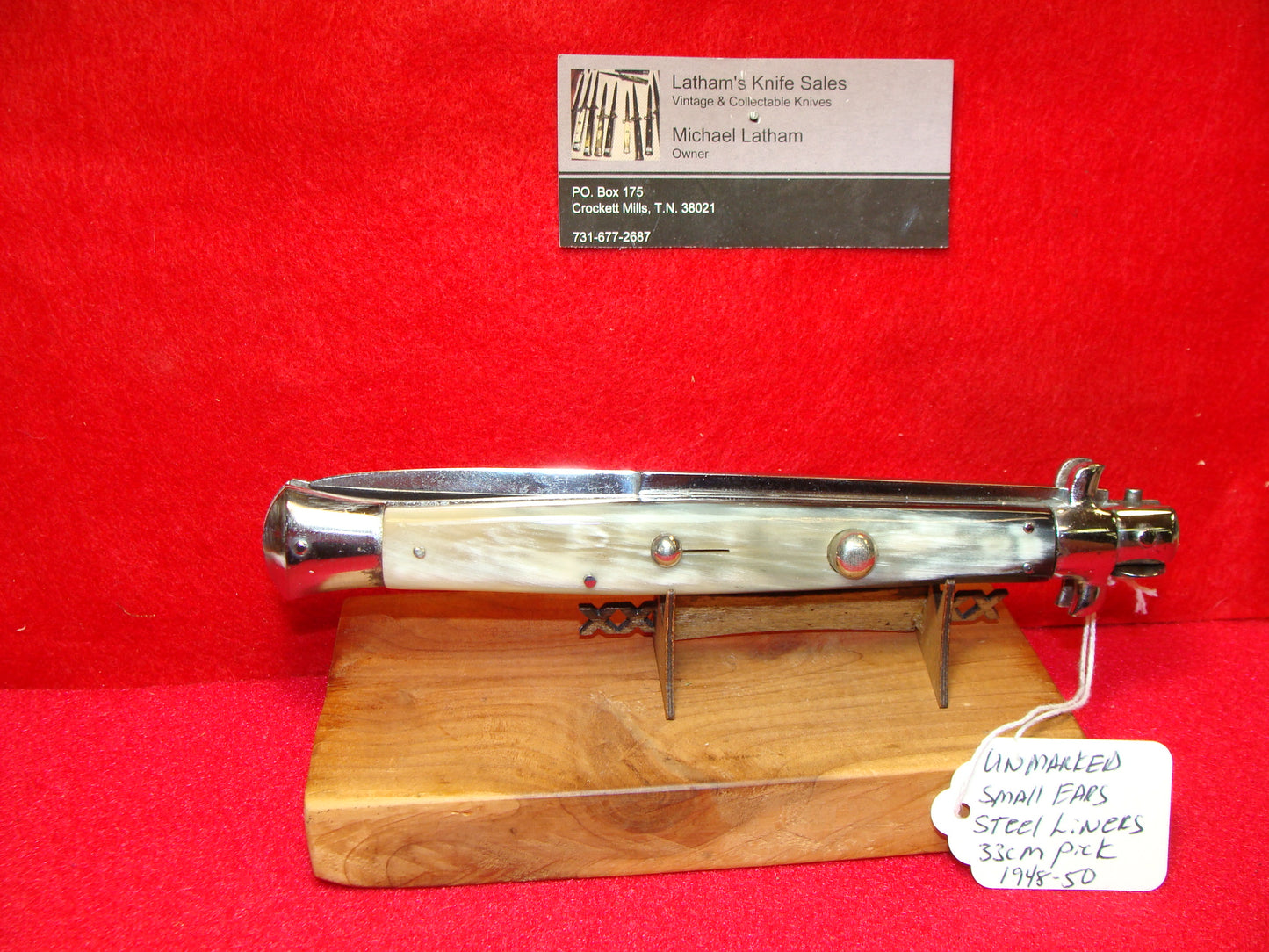 UNSTAMPED "STERILE" ITALY 1948-52 PICK LOCK SMALL EARS EARLY STEEL LINERS STILETTO 33 CM ITALIAN AUTOMATIC KNIFE BRAZILIAN HORN HANDLES