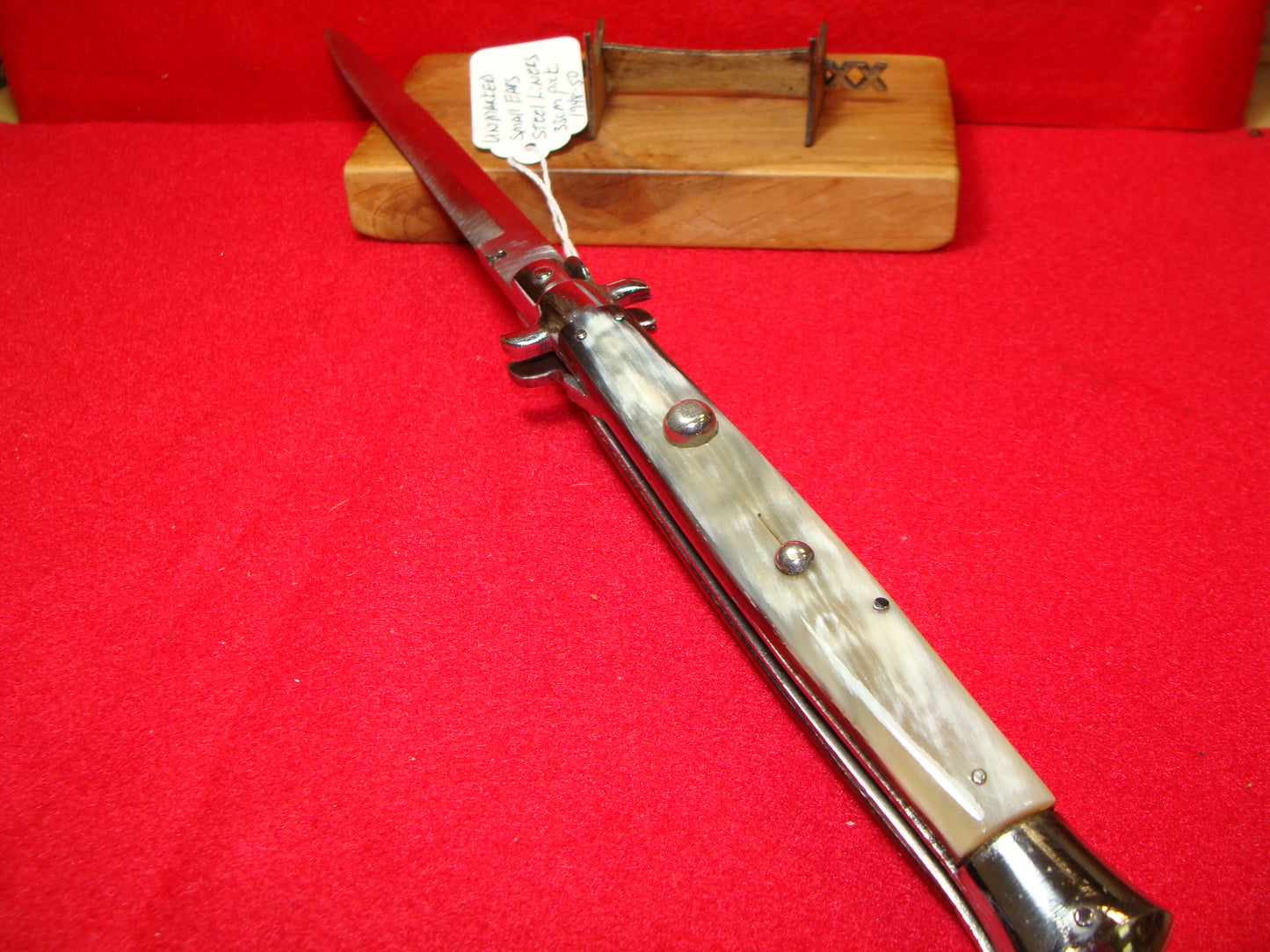 UNSTAMPED "STERILE" ITALY 1948-52 PICK LOCK SMALL EARS EARLY STEEL LINERS STILETTO 33 CM ITALIAN AUTOMATIC KNIFE BRAZILIAN HORN HANDLES