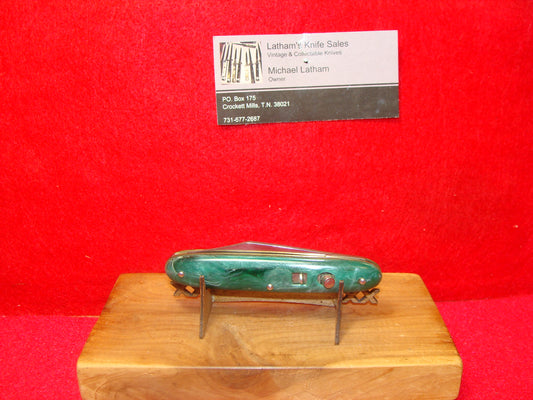 EDGEMASTER USA 1936-56 CIGAR JACK 3 1/2" VINTAGE AMERICAN AUTOMATIC KNIFE GREEN WITH WHITE SWIRL COMPOSITION HANDLES