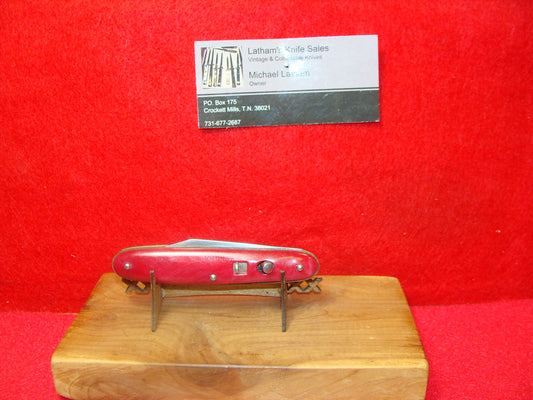 EDGEMASTER USA 1936-56 CIGAR JACK 3 1/2" VINTAGE AMERICAN AUTOMATIC KNIFE RED  WITH WHITE SWIRLS COMPOSITION HANDLES