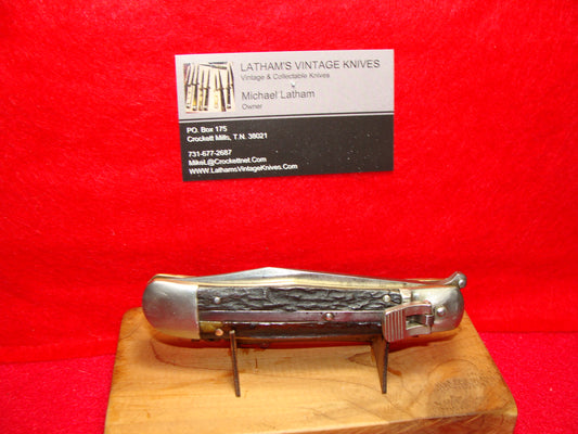 KA-BAR USA 1923-25 LEVER AUTOMATIC UNION CUT. CO. OLEAN NY AMERICAN AUTOMATIC KNIFE STAG HANDLES