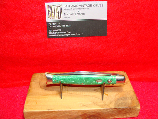 SCHRADE CUT CO. WALDEN NY 1916-46 FISH TAIL VINTAGE AMERICAN AUTOMATIC KNIFE 4" GREEN SWIRL COMPOSITION HANDLES
