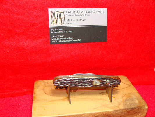 PRESTO GEO. SCHRADE CO. BRIDGEPORT CONN. 1929-56 DOUBLE BLADE 3 3/8" VINTAGE AMERICAN AUTOMATIC KNIFE BROWN BONE HANDLES
