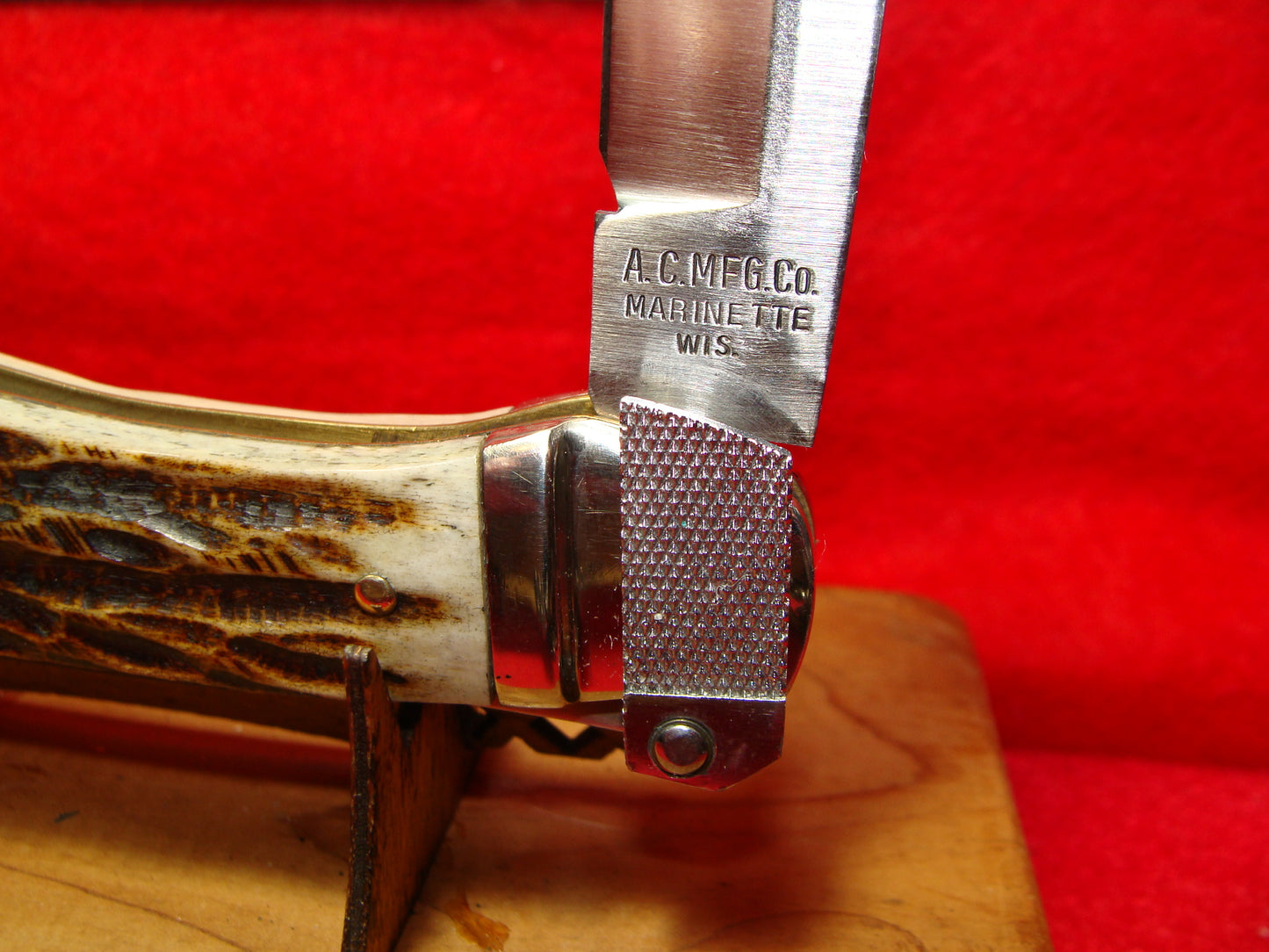 A.C. MFG CO. AERIAL KNIFE CO. PAT. 1916 LEVER AUTOMATIC VINTAGE AMERICAN AUTOMATIC KNIFE JIGGED BONE HANDLES
