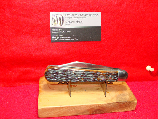 KEEN KUTTER E.C. SIMMONS HDW 1920-58 KS104 LIGHT ETCH VINTAGE AMERICAN AUTOMATIC KNIFE BROWN JIGGED BONE HANDLES