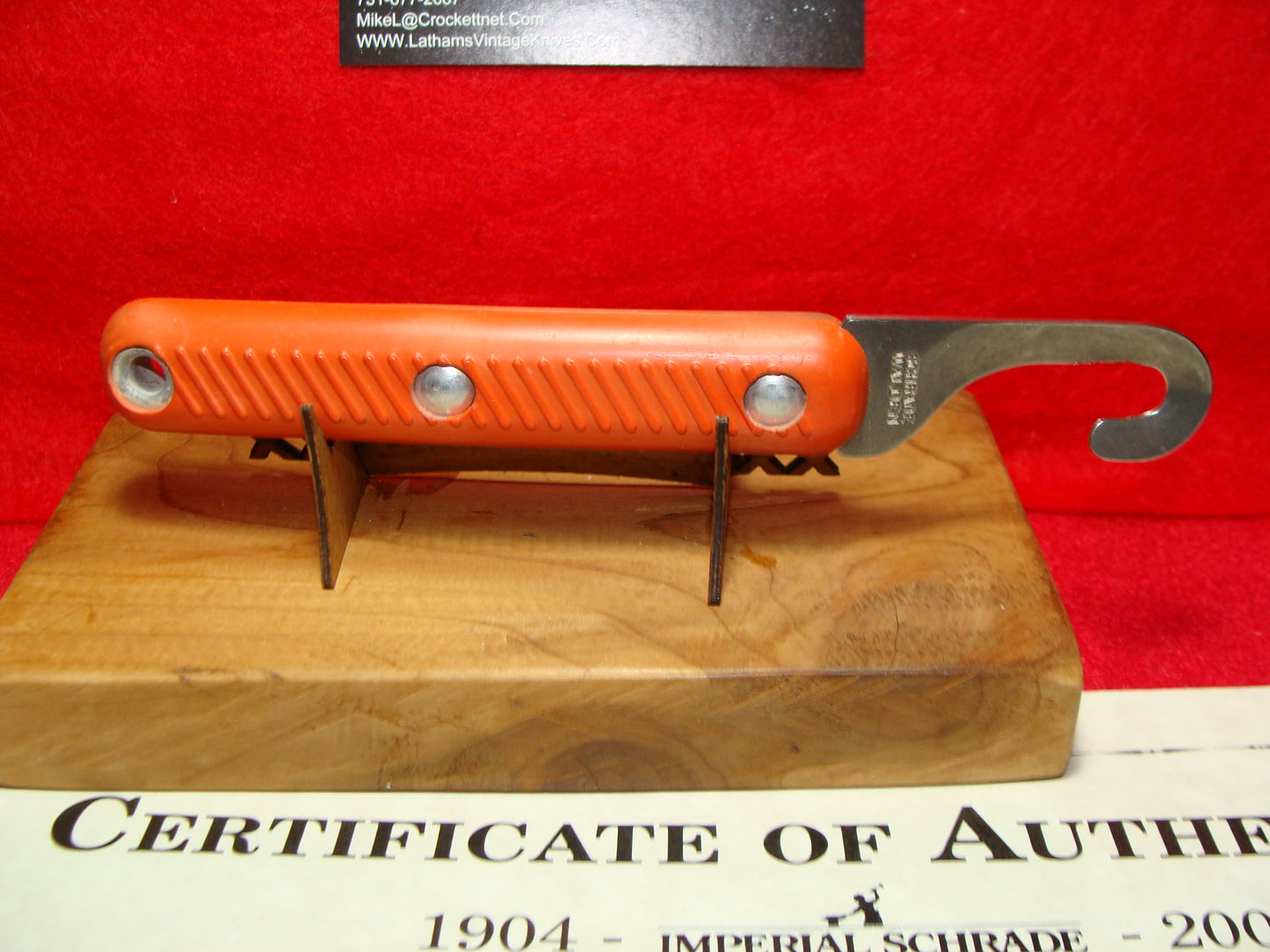 SCHRADE WALDEN 1946-76 FIXED BLADE SHROUD CUTTER NON AUTOMATIC MILITARY ORANGE DELRIN HANDLES PART OF THE SCHRADE FACTORY COLLECTION