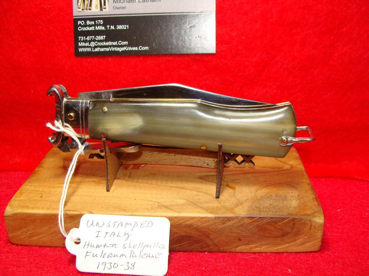 UNSTAMPED "STERILE" ITALY 1945-48 HUNTER FULCRUM RELEASE SHELL PULLER ITALIAN AUTOMATIC KNIFE BUFFALO HORN HANDLES