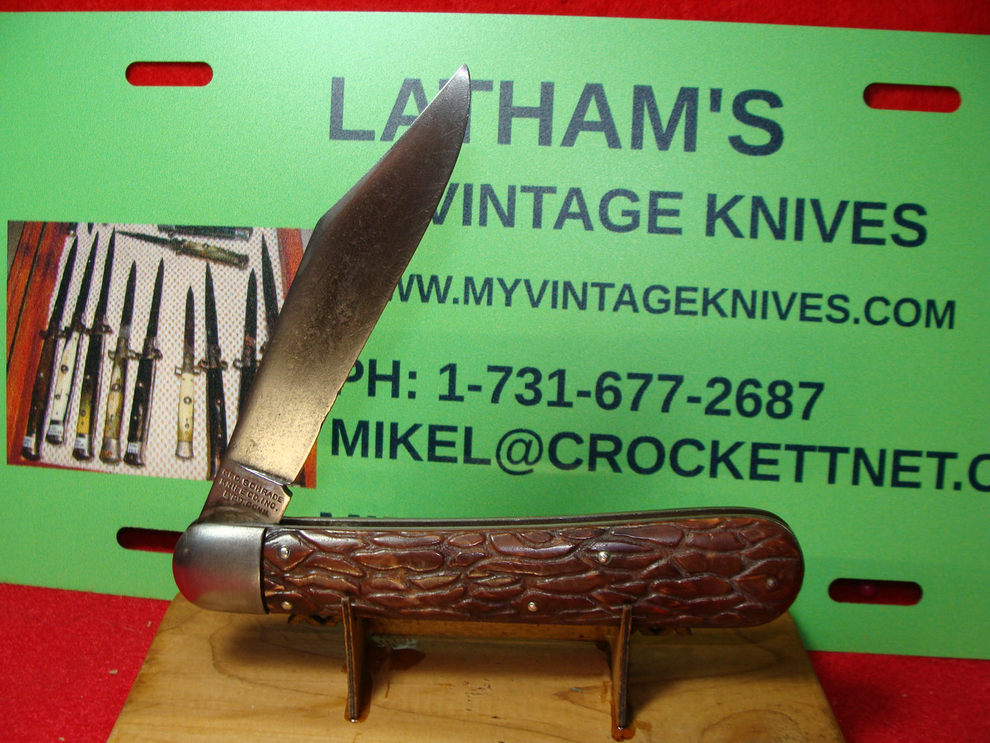 PRESTO GEO. SCHRADE BRIDGEPORT CONN. 1929-56 HUNTER 5" VINTAGE AMERICAN AUTOMATIC KNIFE RED WORMED GROOVED COMPOSITION HANDLES