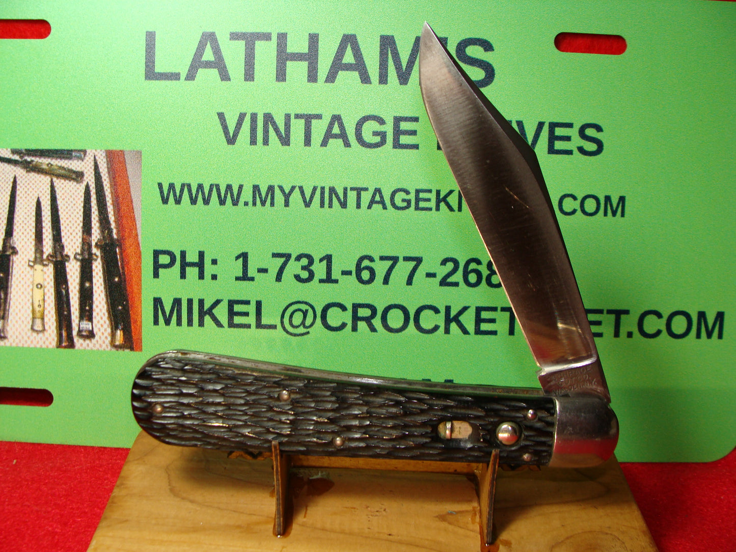 SCHRADE CUT CO. WALDEN NY. 1916-46 HUNTER 4 7/8" VINTAGE AMERICAN AUTOMATIC KNIFE BLACK IMITATION BONE HANDLES