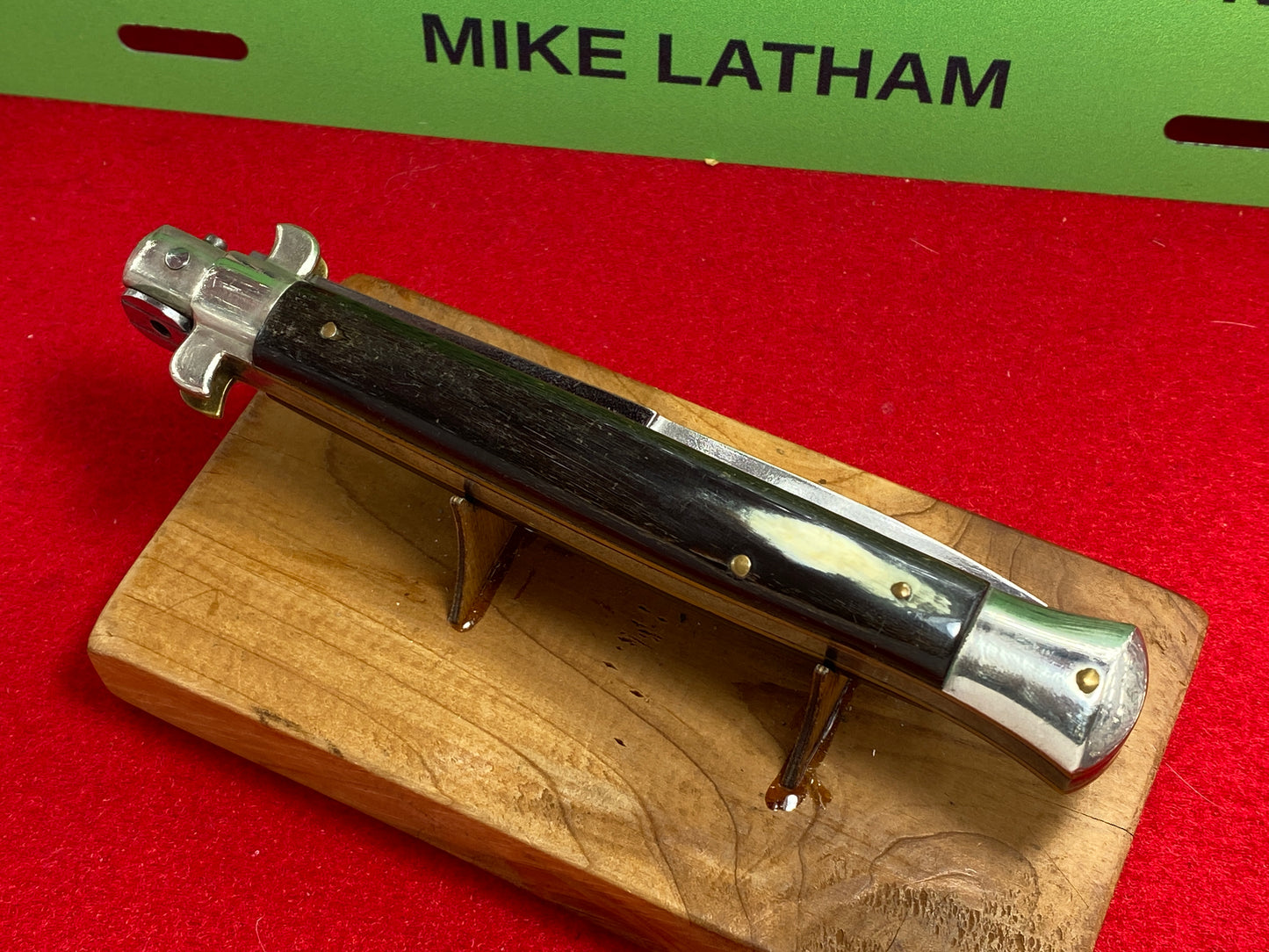 LATAMA MADE IN ITALY 1948-50 PICK LOCK STILETTO FLAT GUARD 28 CM ITALIAN AUTOMATIC KNIFE BRAZILIAN HORN HANDLES