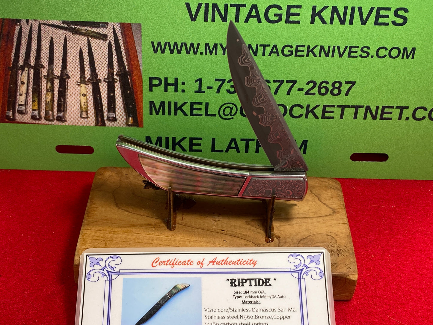 CHOVANEC,BRIAN CUSTOM 2024 RIPTIDE 1 OF 1 D/A DAMASCUS STEEL BLADE CUSTOM AUTOMATIC KNIFE BLACKLIP PEARL HANDLES