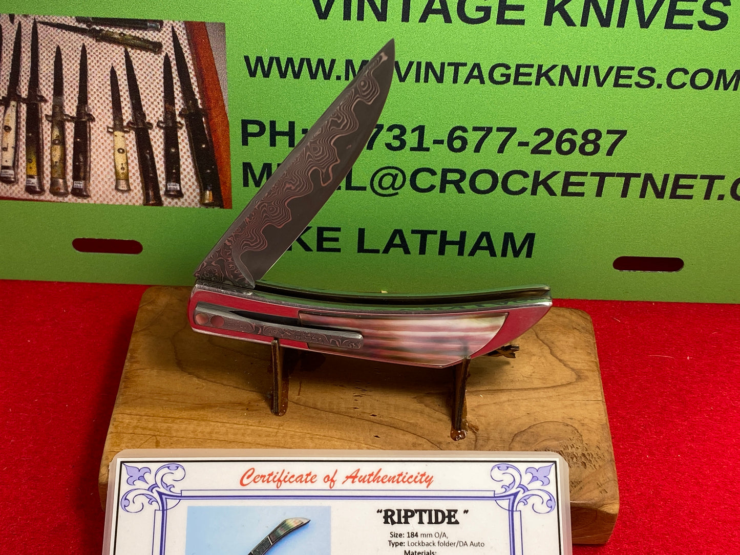 CHOVANEC,BRIAN CUSTOM 2024 RIPTIDE 1 OF 1 D/A DAMASCUS STEEL BLADE CUSTOM AUTOMATIC KNIFE BLACKLIP PEARL HANDLES