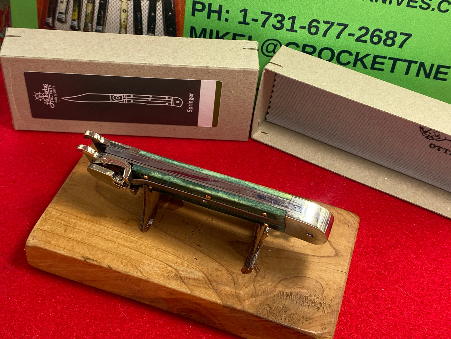 HUBERTUS CUTLERY BY OTTER PATRONENZIEHER SOLINGEN GERMANY LEVER AUTOMATIC SHELL PULLER 11 CM GERMAN AUTOMATIC KNIFE SMOOTH GREEN BONE HANDLES